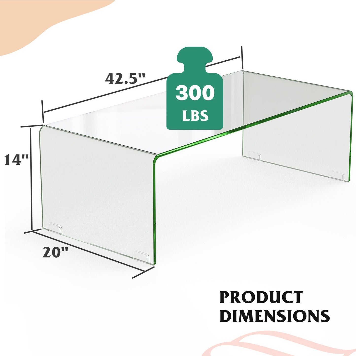 42 x 19.7 Inch Clear Tempered Glass Coffee Table with Rounded Edges-Transparent
