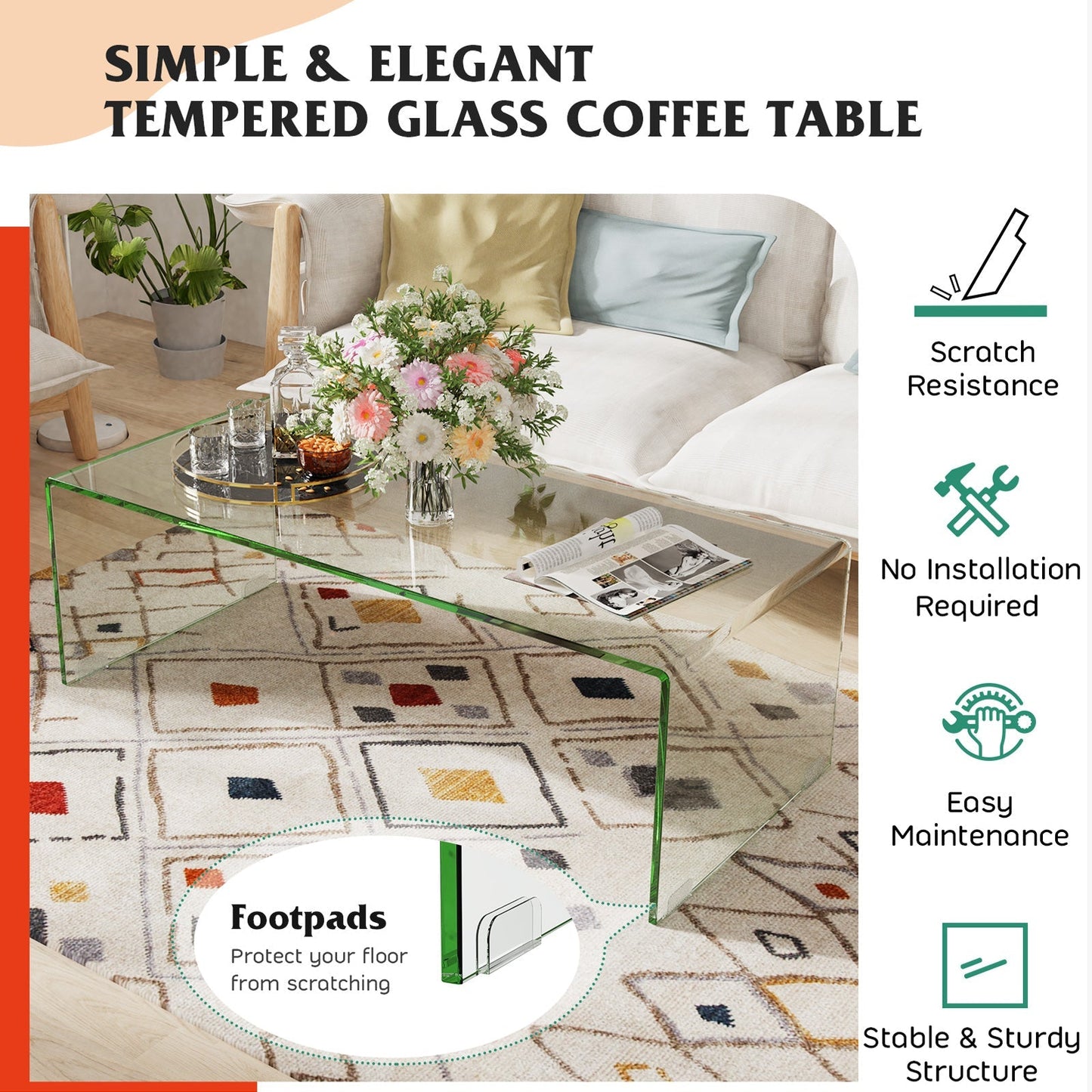 42 x 19.7 Inch Clear Tempered Glass Coffee Table with Rounded Edges-Transparent