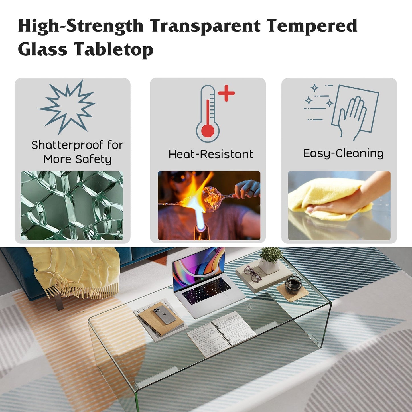 42 x 19.7 Inch Clear Tempered Glass Coffee Table with Rounded Edges-Transparent