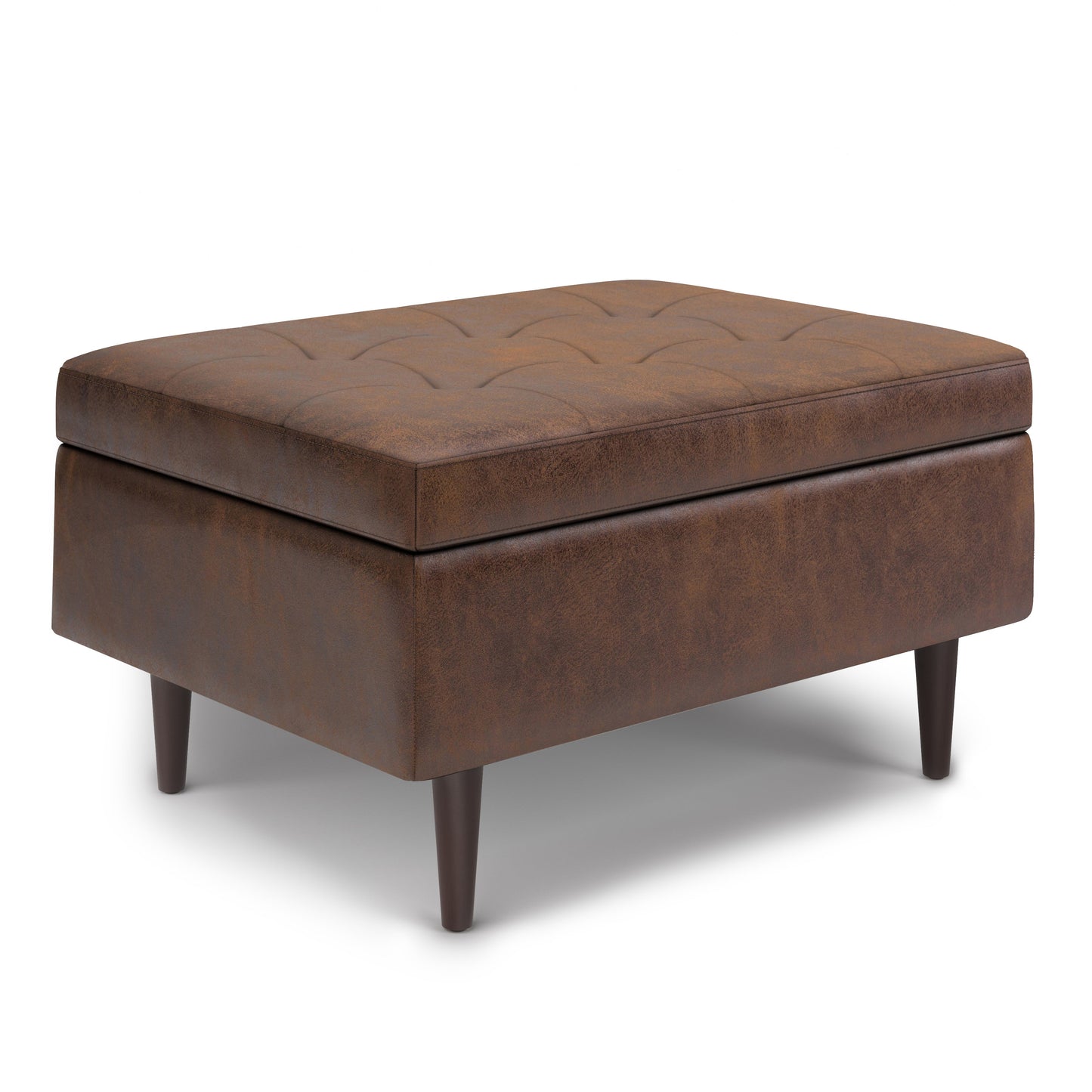 Shay 34 Inch Wide Mid-Century Small Coffee Table Storage Ottoman in Distressed Chestnut