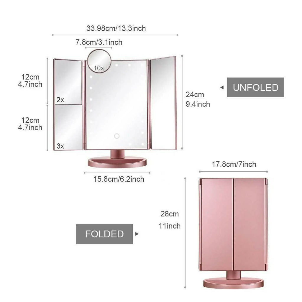 Tri-fold Vanity Makeup LED USB Touch Screen 10X Magnifing Mirror