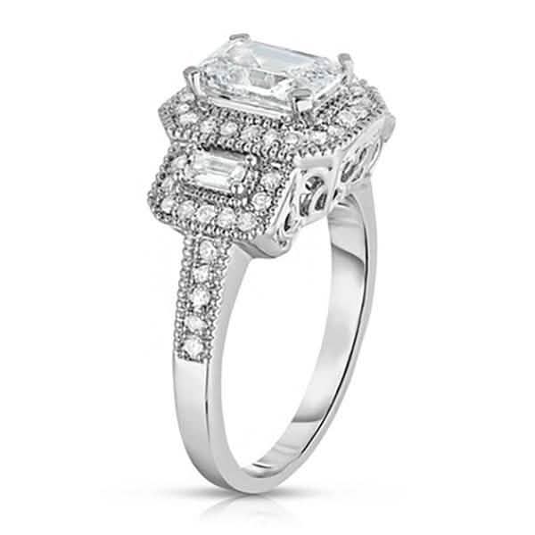 Tri Stone Emerald Cut Cubic Zirconia Ring in 18k White Gold - Size: 9