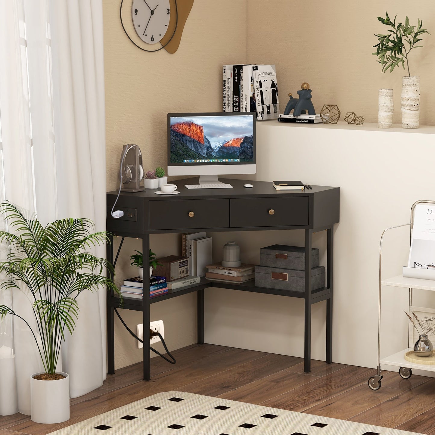 Triangle Corner Desk with Charging Station with 2 Drawers and Storage Shelf