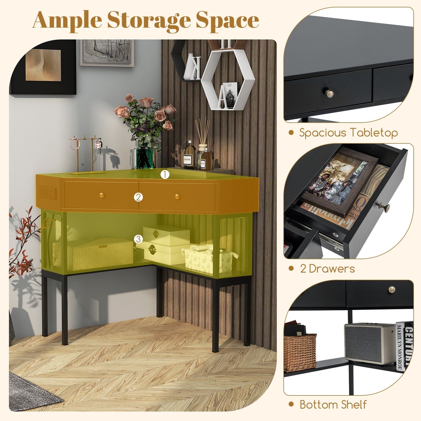 Triangle Corner Desk with Charging Station with 2 Drawers and Storage Shelf