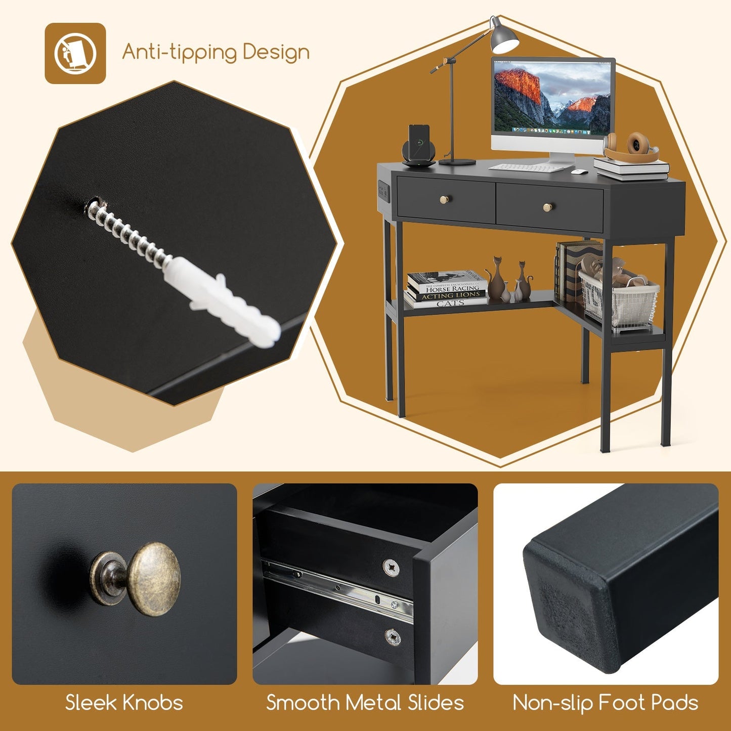 Triangle Corner Desk with Charging Station with 2 Drawers and Storage Shelf