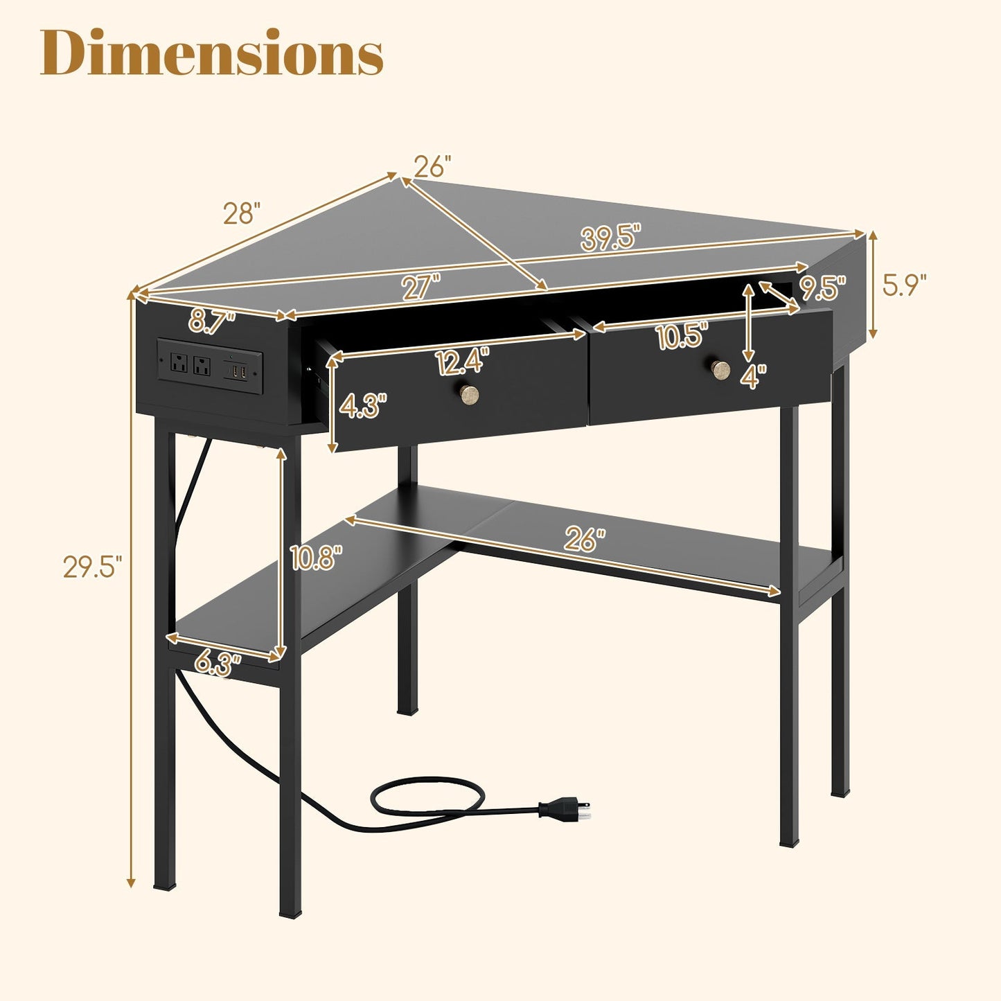 Triangle Corner Desk with Charging Station with 2 Drawers and Storage Shelf