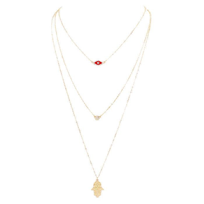 Triple Layered Crystal Evil Eye Hamsa Hand Pendant Necklace