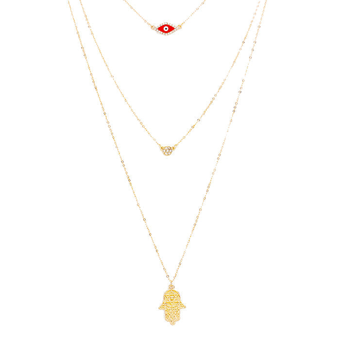Triple Layered Crystal Evil Eye Hamsa Hand Pendant Necklace