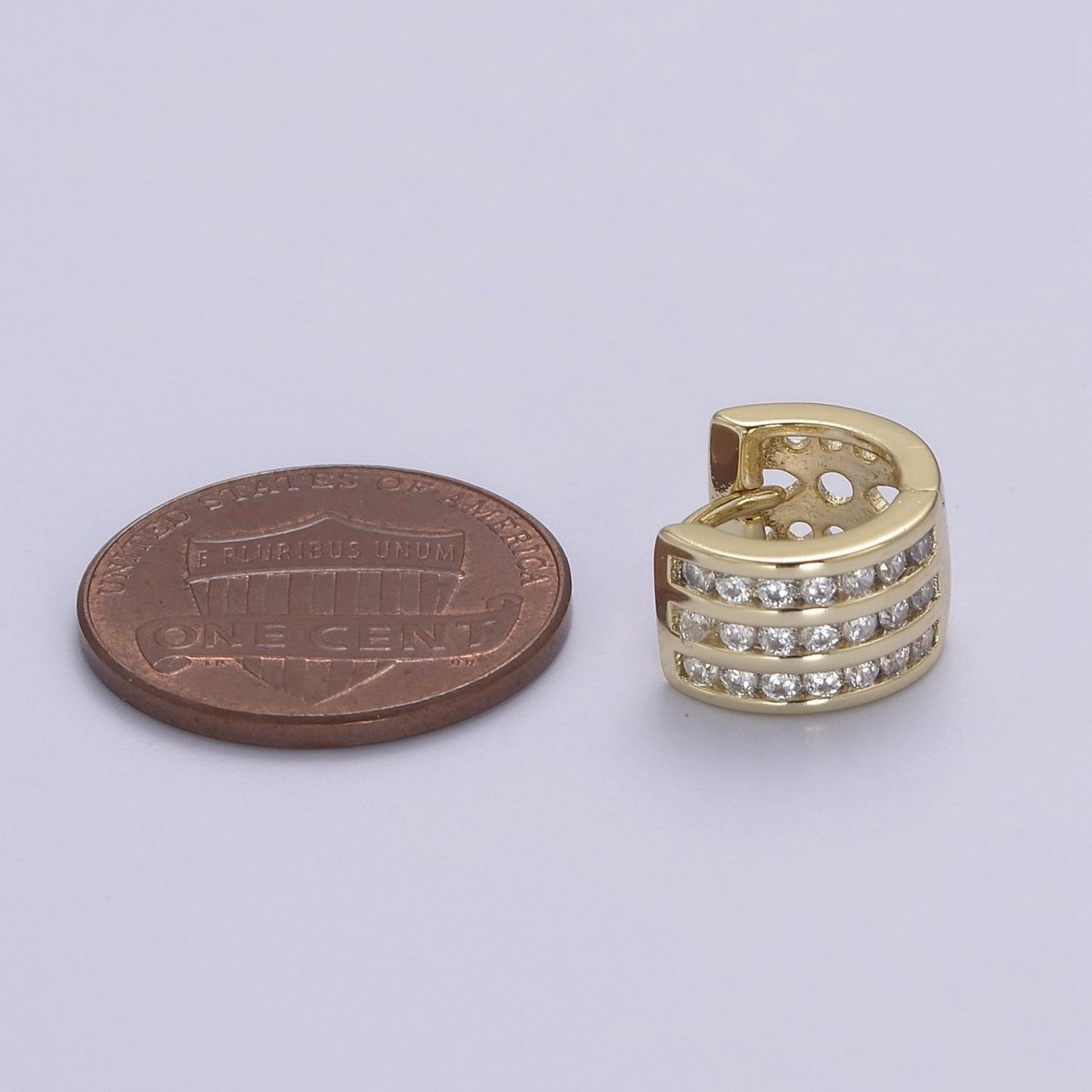 Triple Pave Gold Huggie Earrings, Thick Huggie 3 Lines CZ Diamond Hoop Earrings V-153