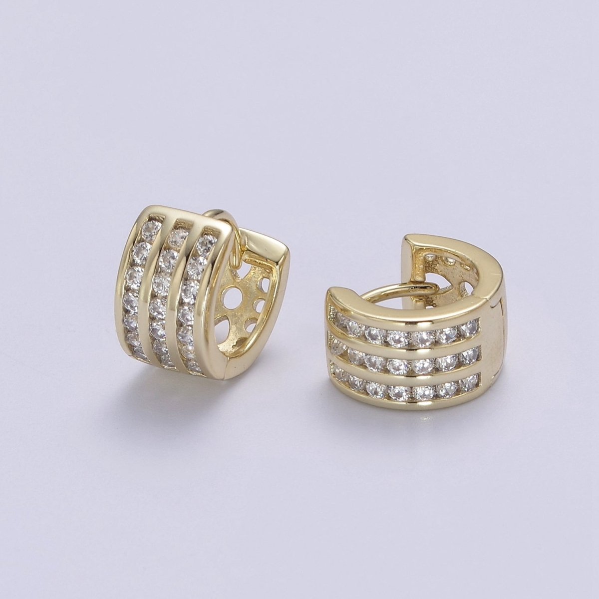 Triple Pave Gold Huggie Earrings, Thick Huggie 3 Lines CZ Diamond Hoop Earrings V-153