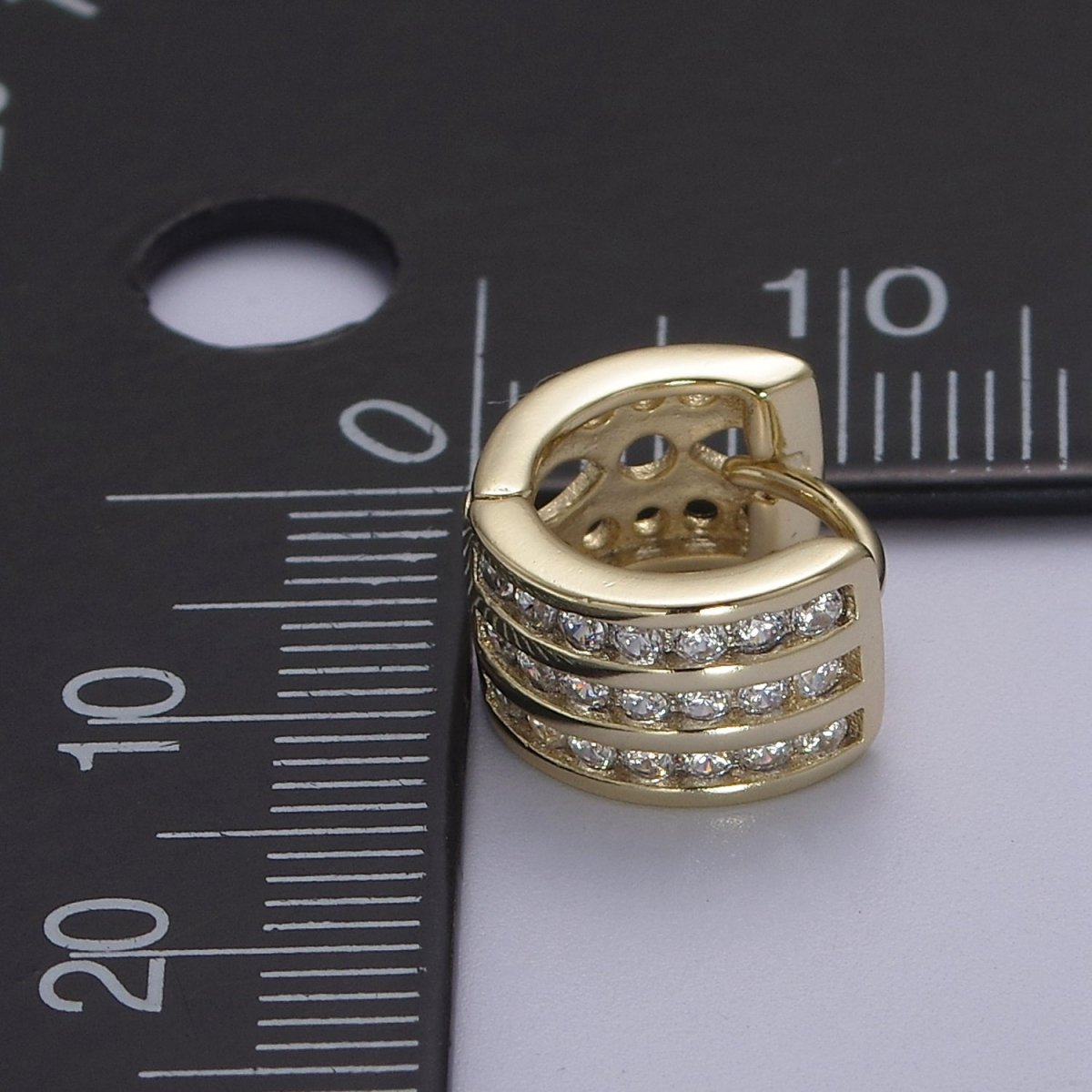 Triple Pave Gold Huggie Earrings, Thick Huggie 3 Lines CZ Diamond Hoop Earrings V-153