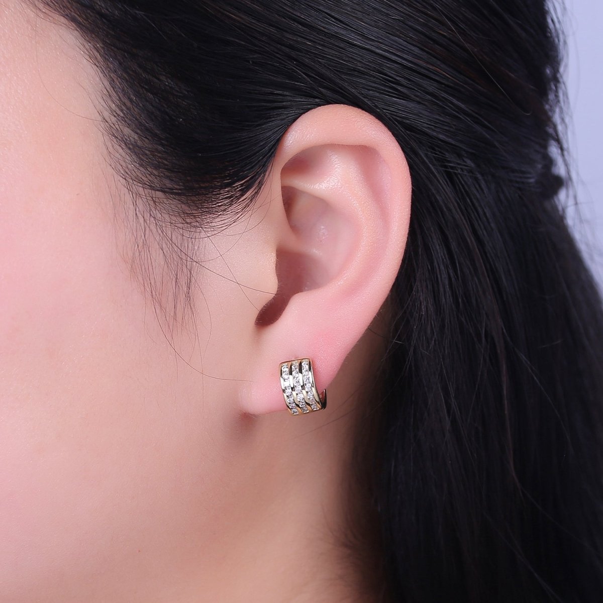 Triple Pave Gold Huggie Earrings, Thick Huggie 3 Lines CZ Diamond Hoop Earrings V-153