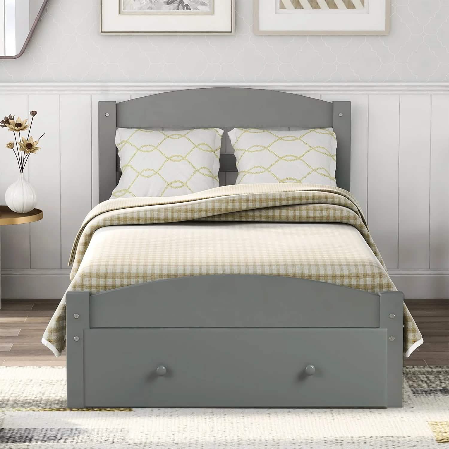 Twin Platform Bed Frame with Storage Drawer Headboard