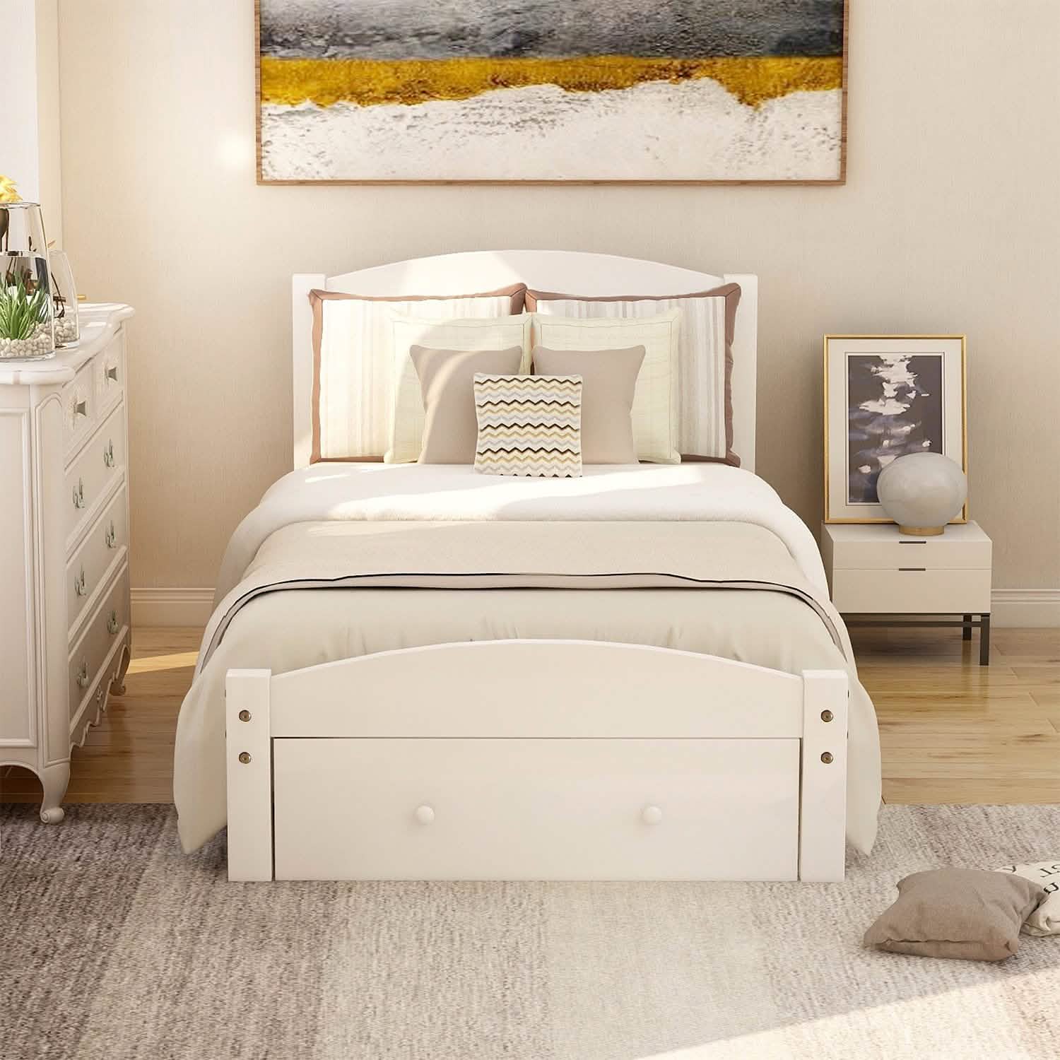 Twin Platform Bed Frame with Storage Drawer Headboard
