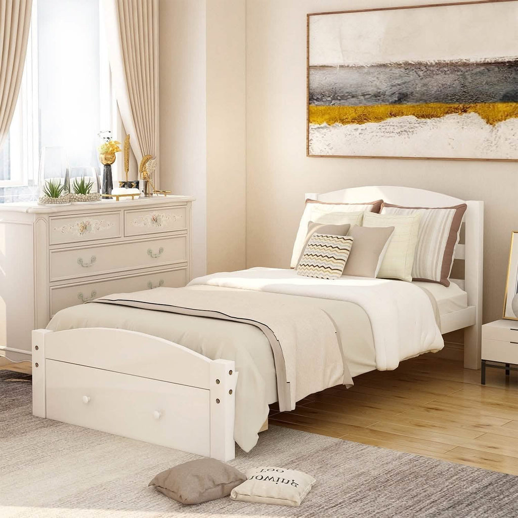 Twin Platform Bed Frame with Storage Drawer Headboard