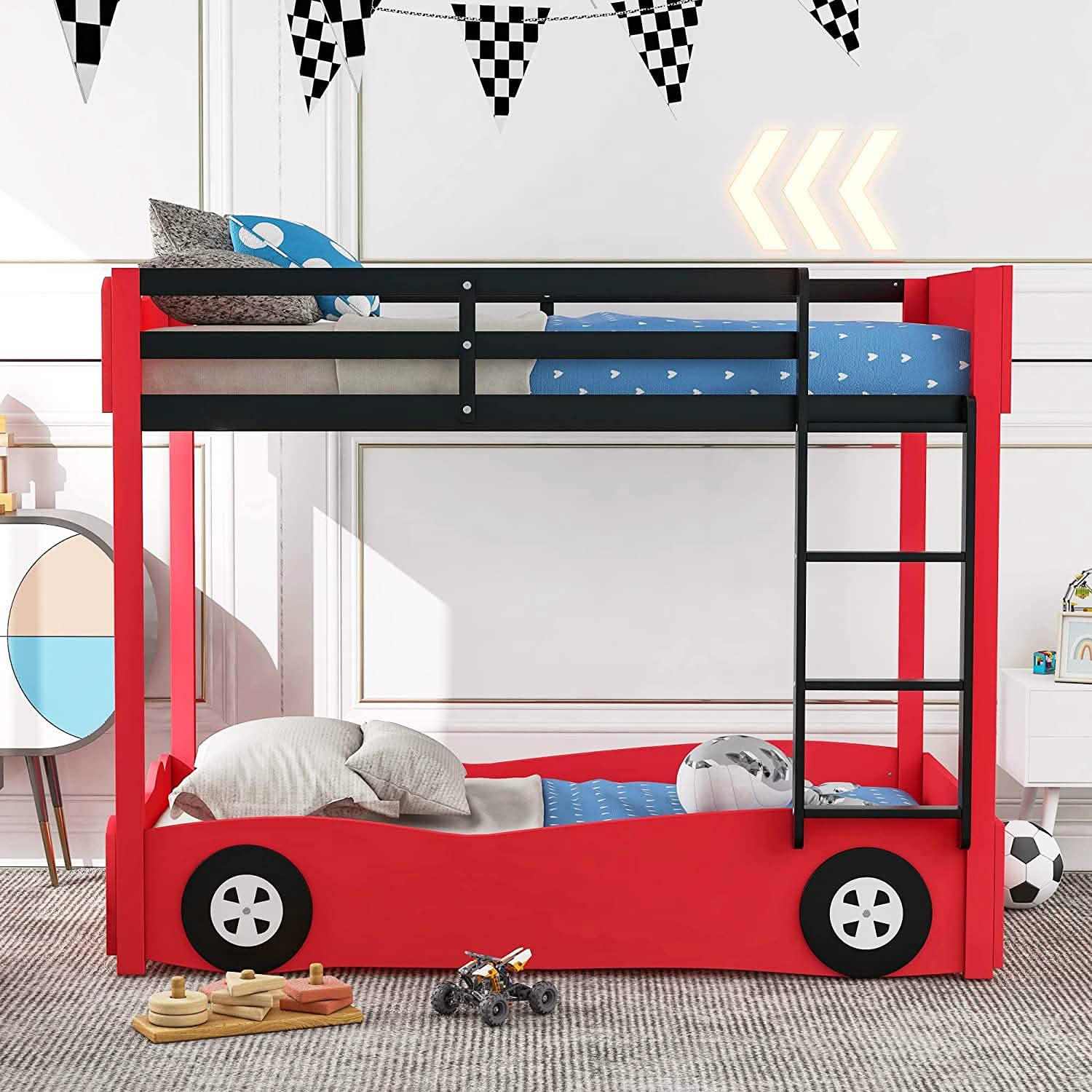 Lit superposé en forme de voiture pour enfants avec roues