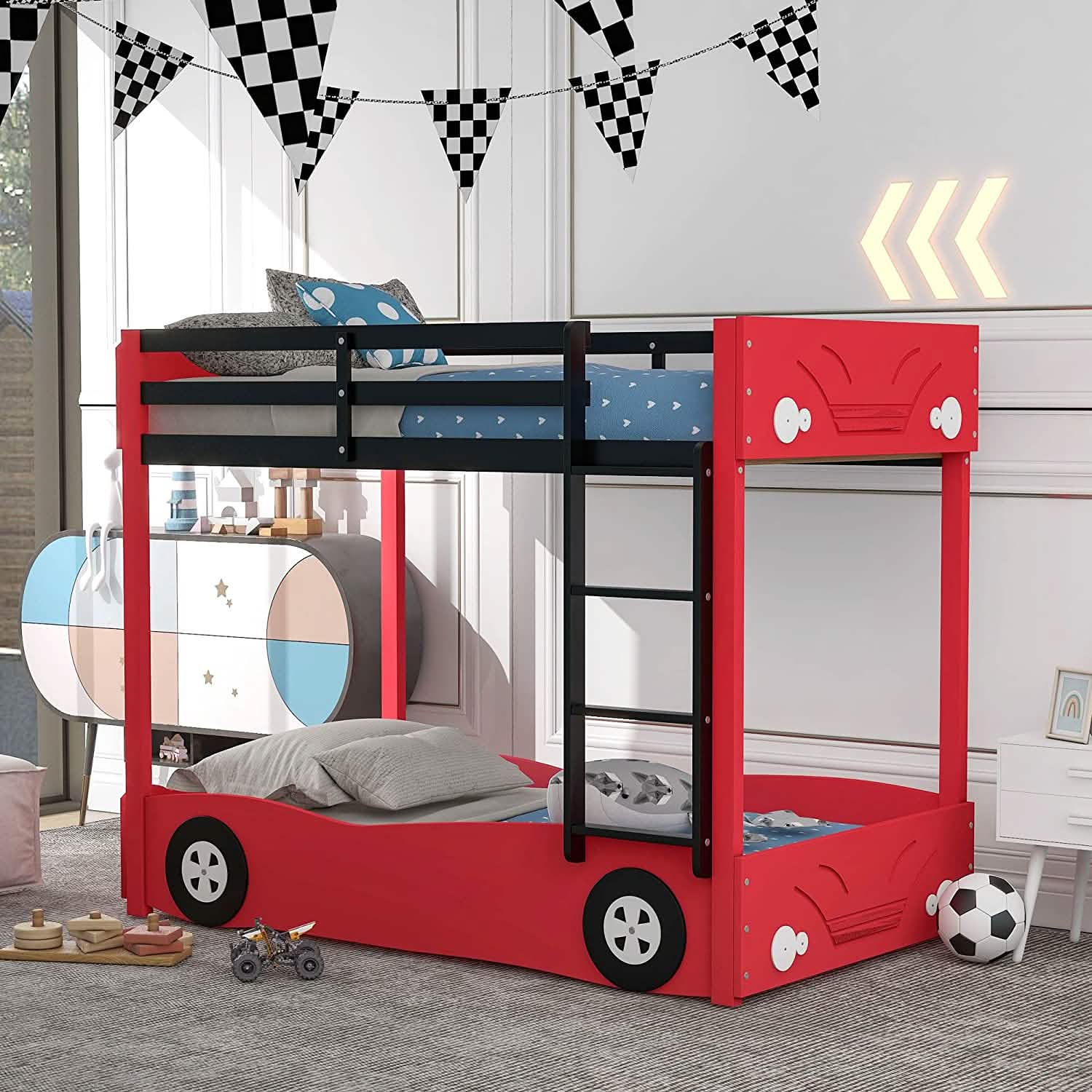 Lit superposé en forme de voiture pour enfants avec roues