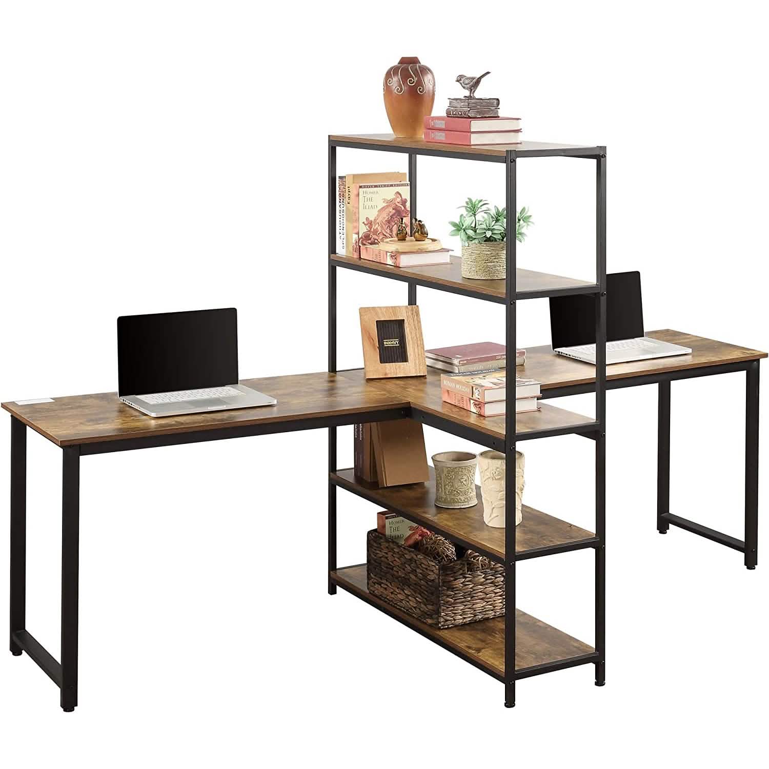Two Person Computer Desk with Bookshelf Wood and Metal