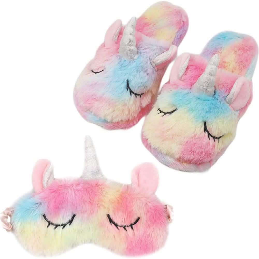 Ensemble de pantoufles et masque de nuit licorne en peluche
