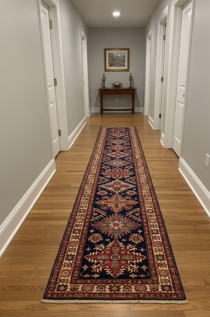 Hand-Knotted Vegetable Dye Kazak Rug from Pakistan, size 2' 8" x 13' 2"