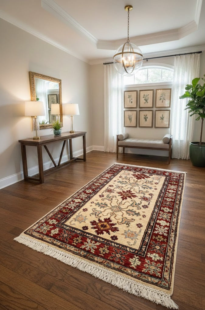 Hand-Knotted Vegetable Dye Kazak Rug from Pakistan, size 2' 9" x 4"