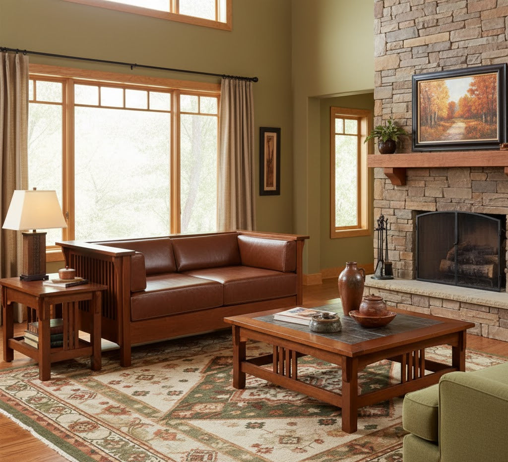 Mission / Craftsman Cubic Slat Side Love Seat - Chestnut Brown Leather