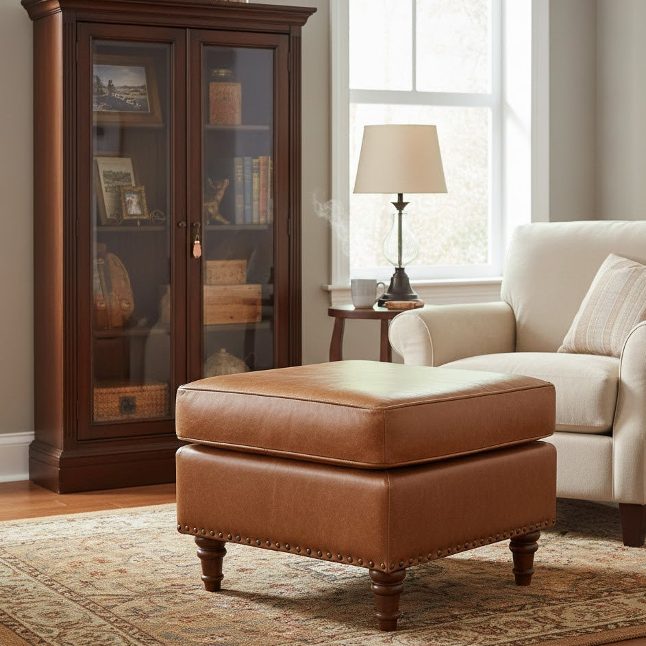 English Stationary Leather Ottoman - Light Brown