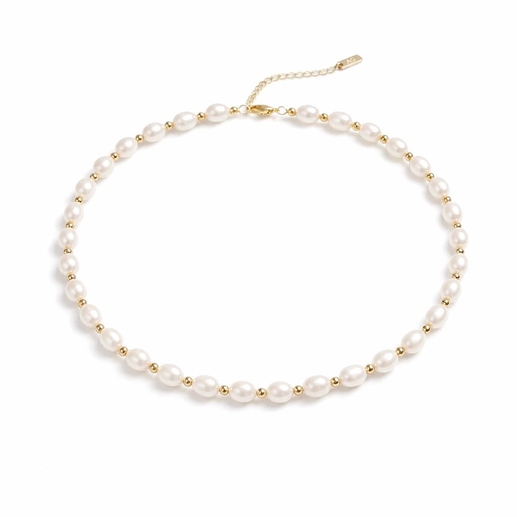 PT801G B.Tiff Gold Beads Interlaced Pearl Necklace