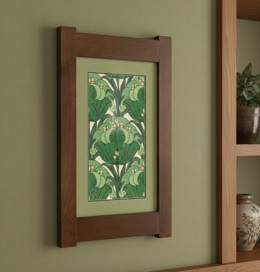 Arts & Crafts Mission Oak Framed Art with Green Floral Harmony