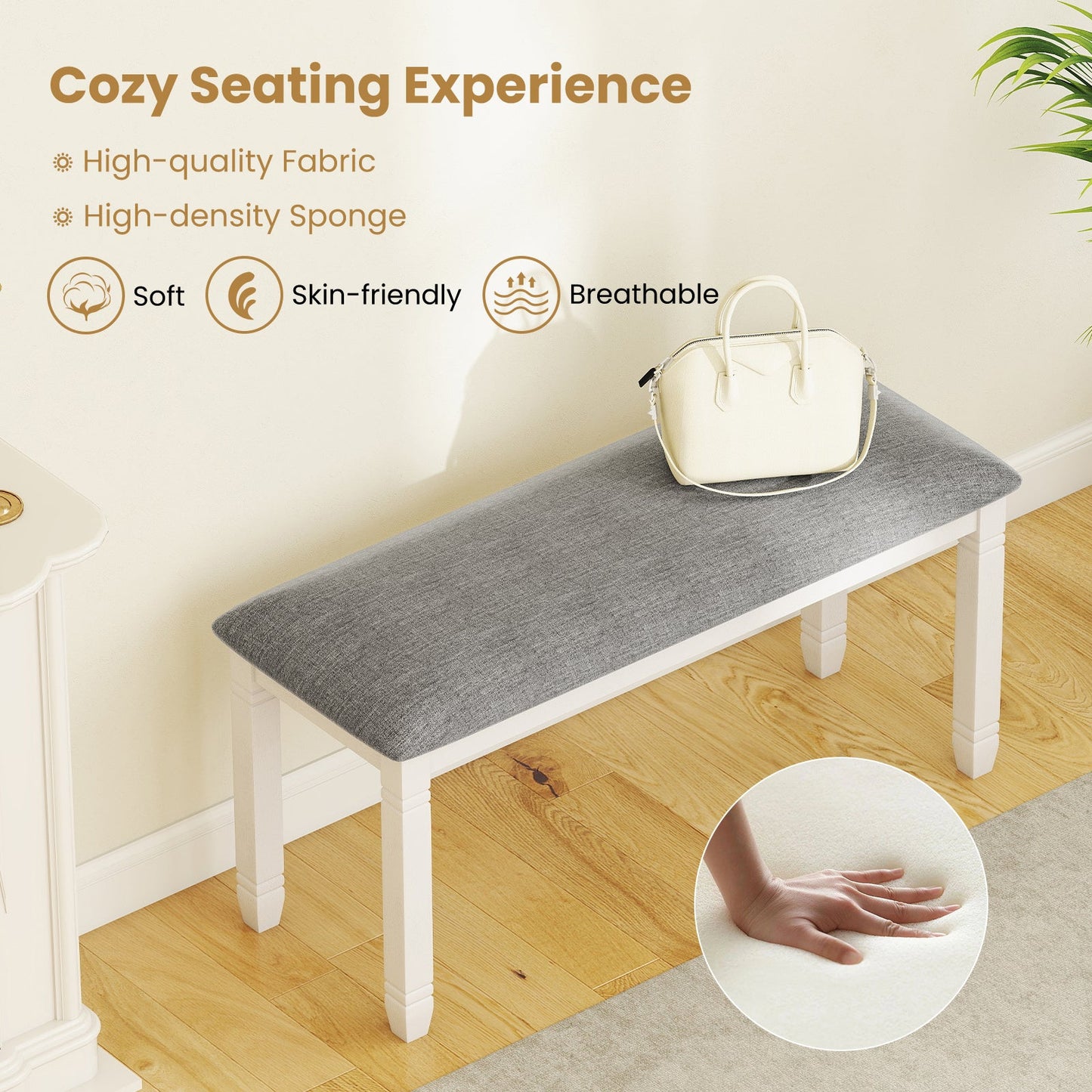 Upholstered Bedroom Bench with Padded Seat and Solid Wood Legs-Gray