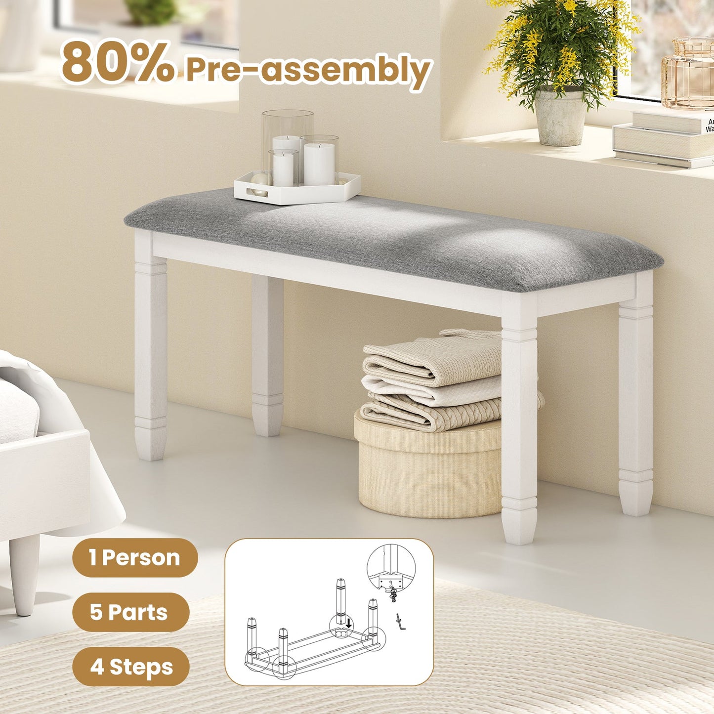 Upholstered Bedroom Bench with Padded Seat and Solid Wood Legs-Gray