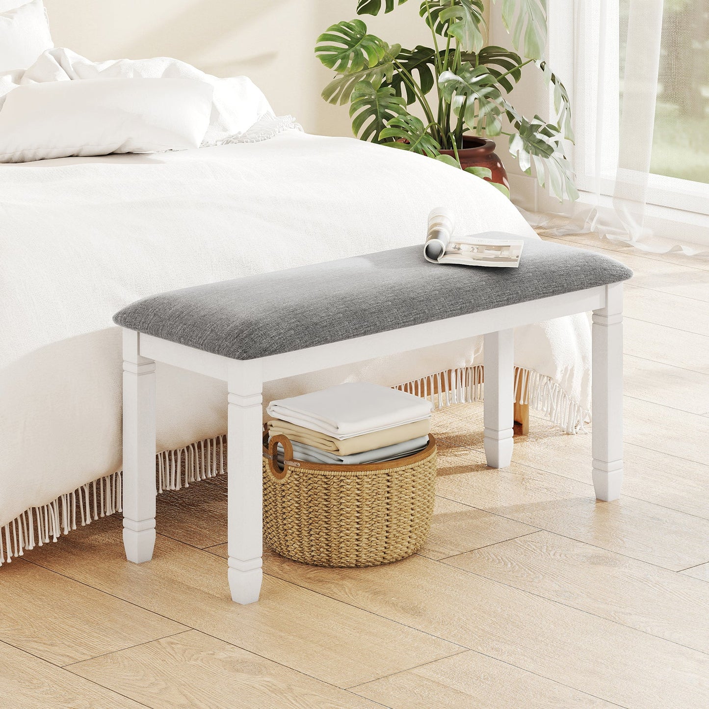 Upholstered Bedroom Bench with Padded Seat and Solid Wood Legs-Gray
