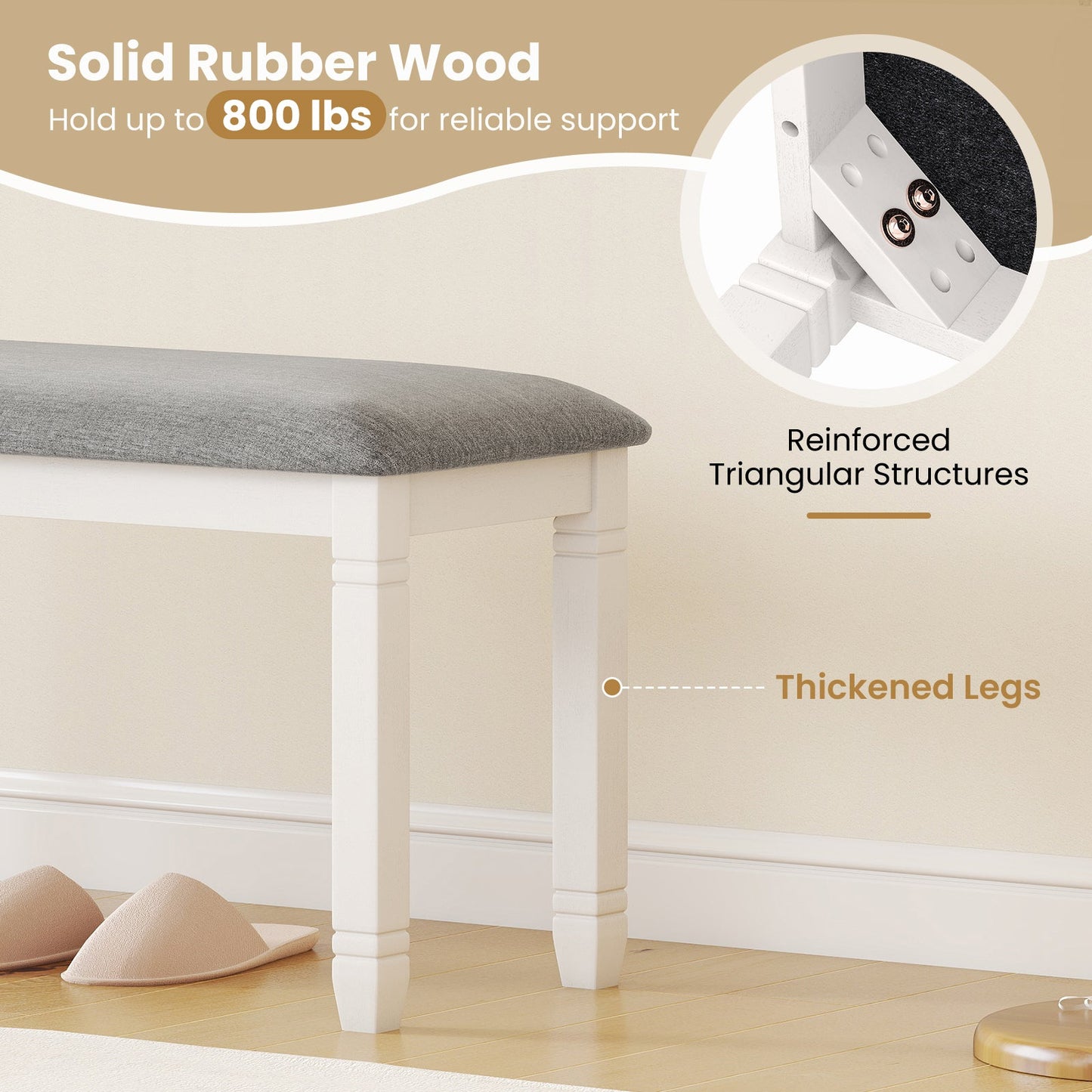 Upholstered Bedroom Bench with Padded Seat and Solid Wood Legs-Gray