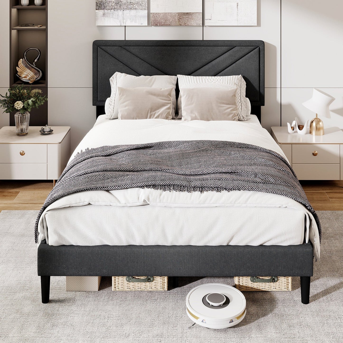 Upholstered Platform Bed with Tufted Headboard and Wooden Slats