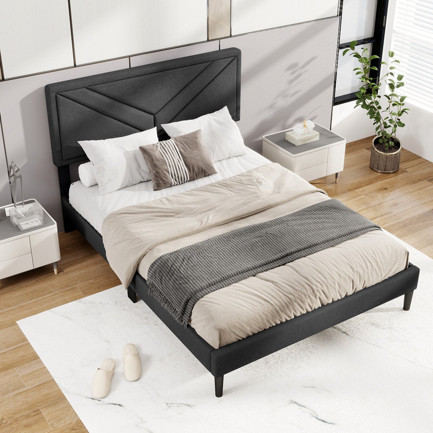 Upholstered Platform Bed with Tufted Headboard and Wooden Slats