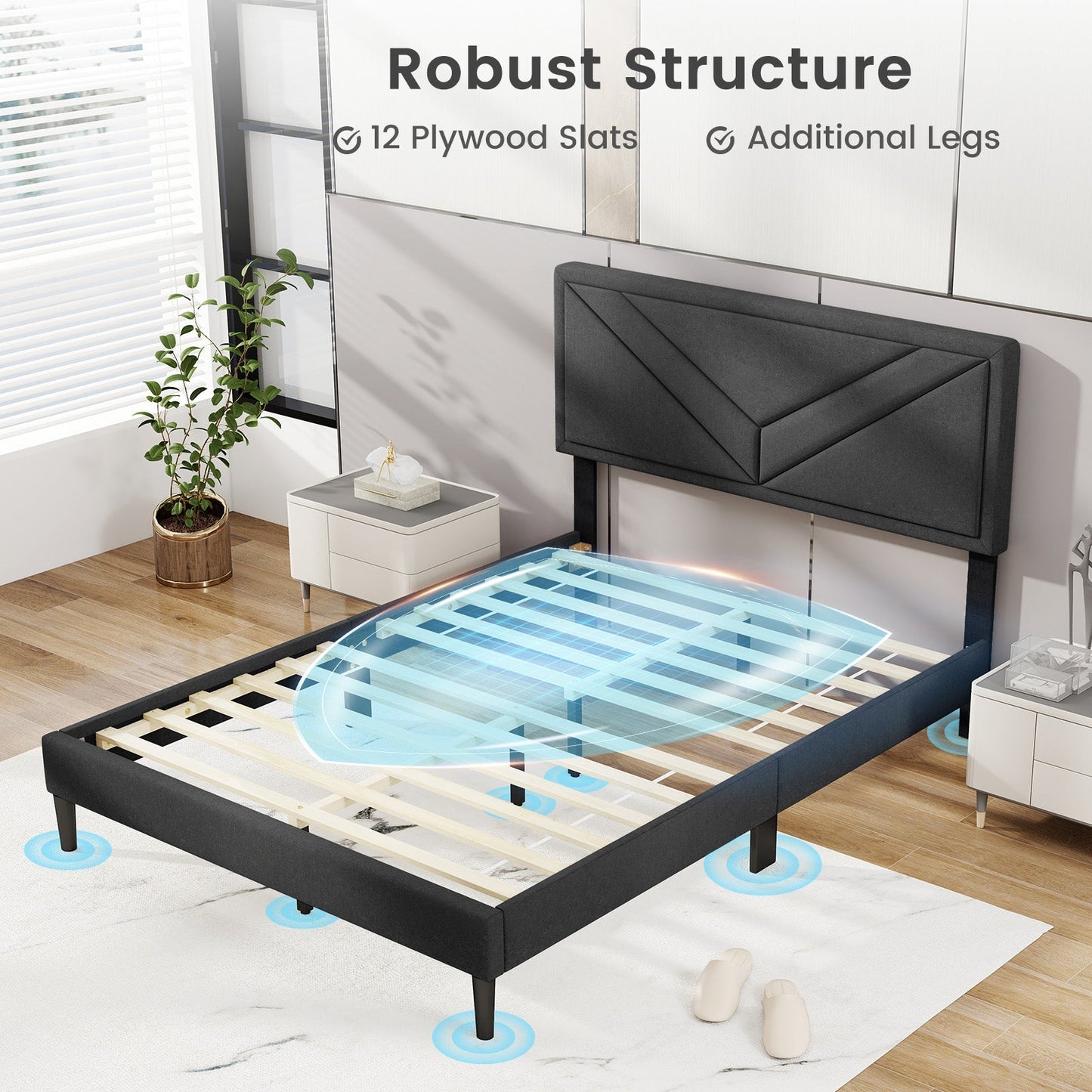 Upholstered Platform Bed with Tufted Headboard and Wooden Slats