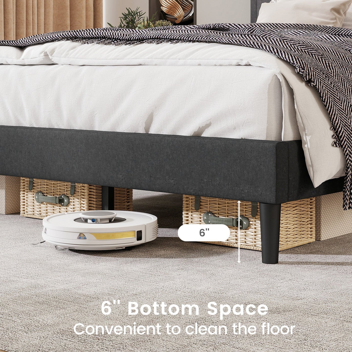 Upholstered Platform Bed with Tufted Headboard and Wooden Slats
