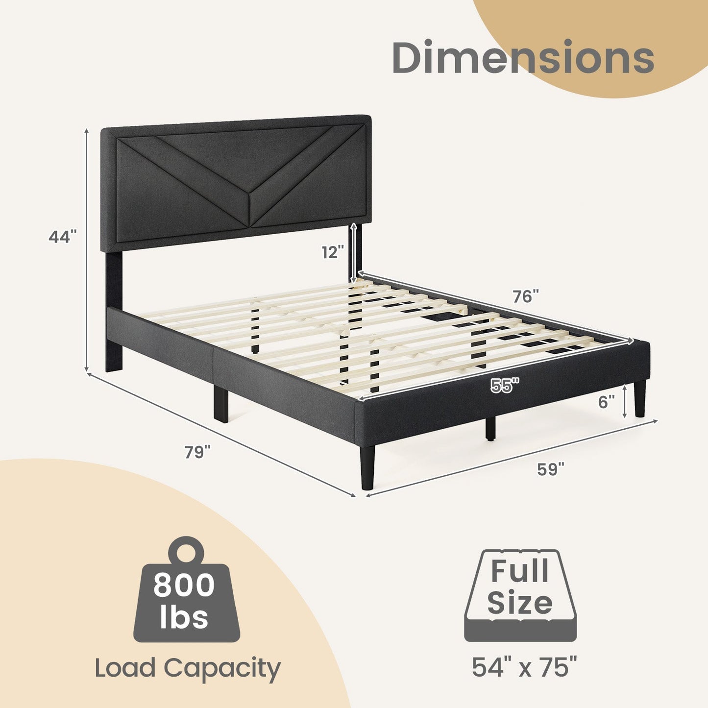 Upholstered Platform Bed with Tufted Headboard and Wooden Slats