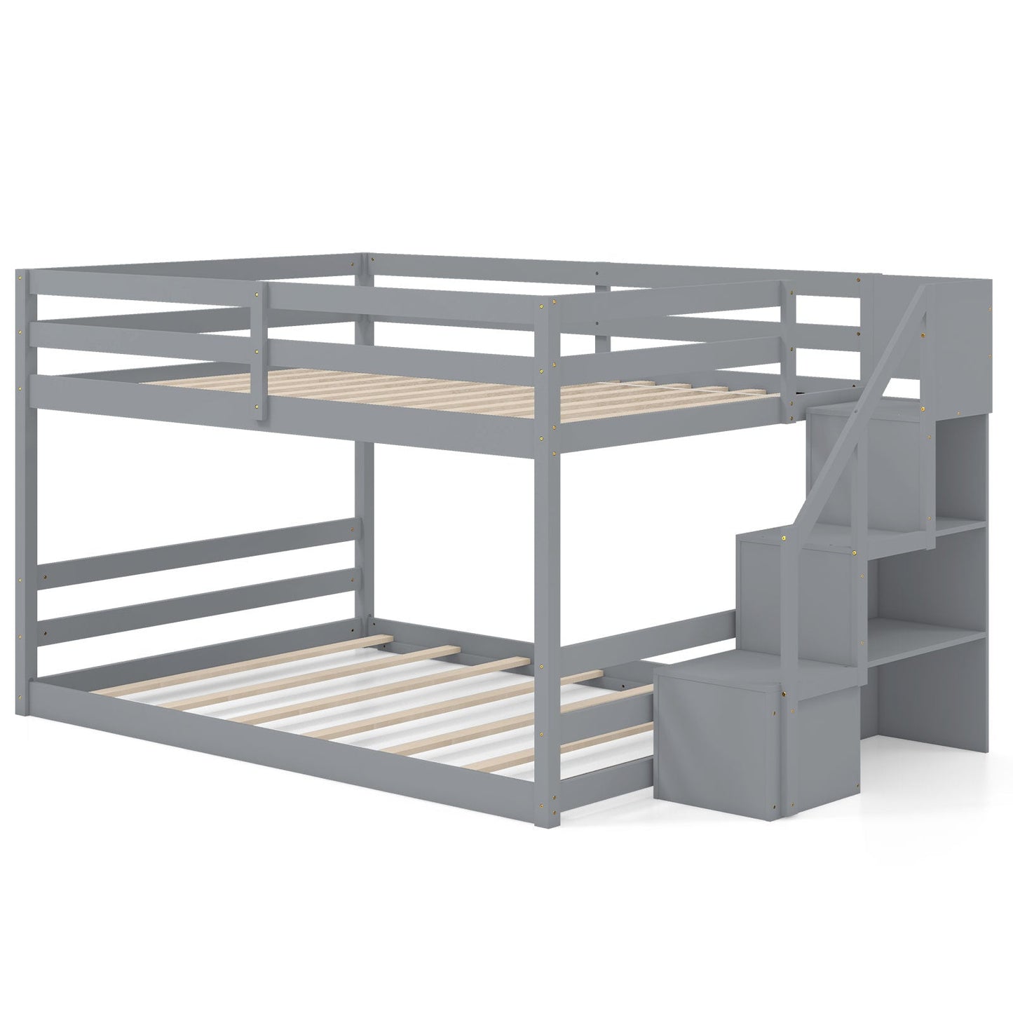 Solid Wood Full Over Full Low Bunk Bed with Storage Stairs