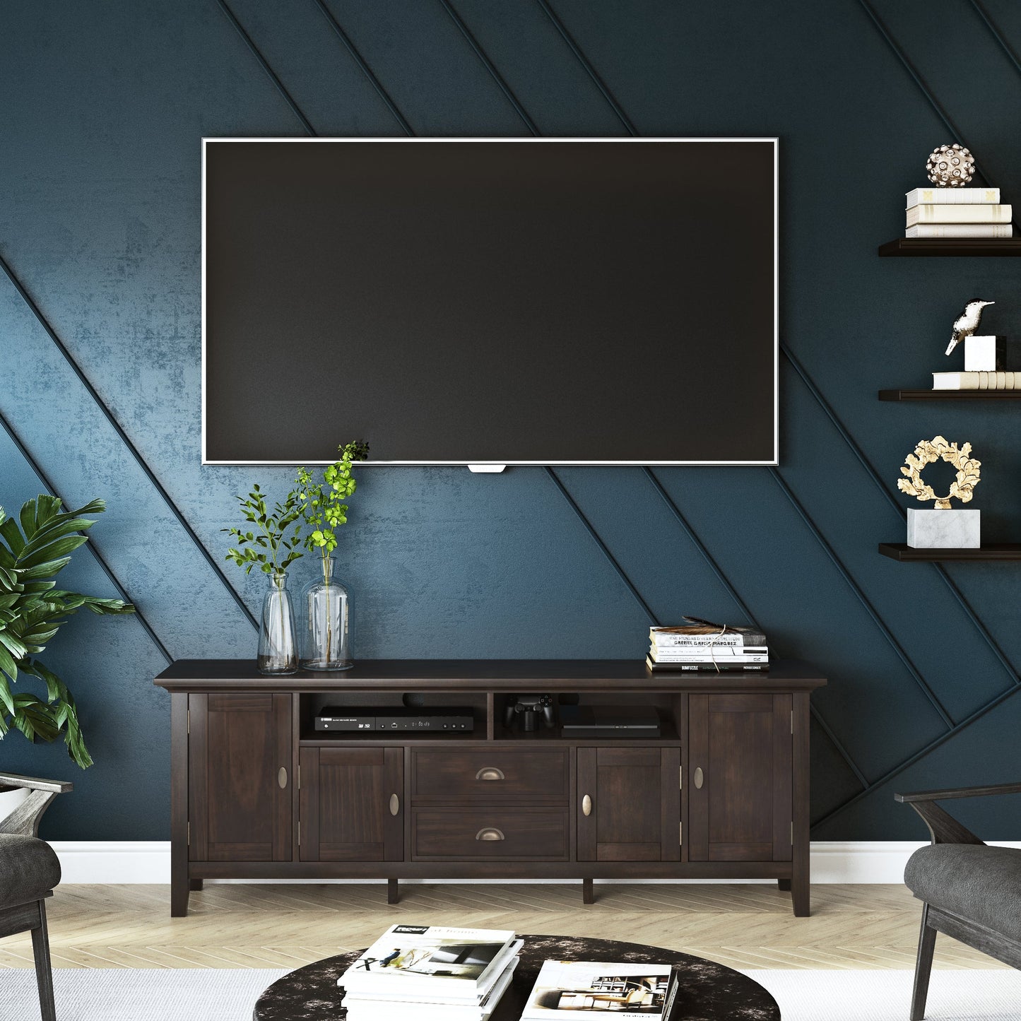 Redmond 72 Inch Wide Solid Wood TV Stand in Brunette