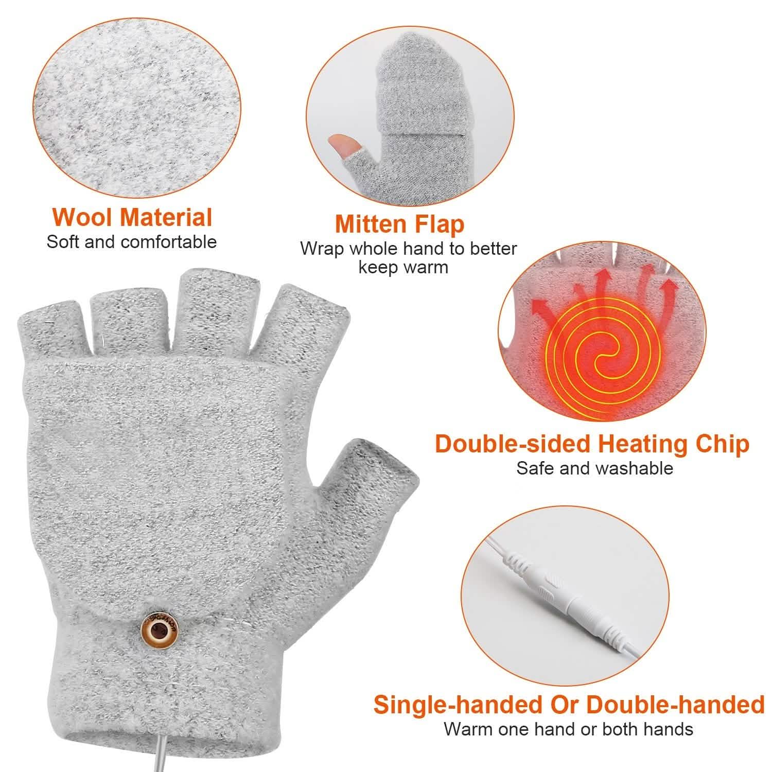 USB Wool Heated Half Fingerless Gloves