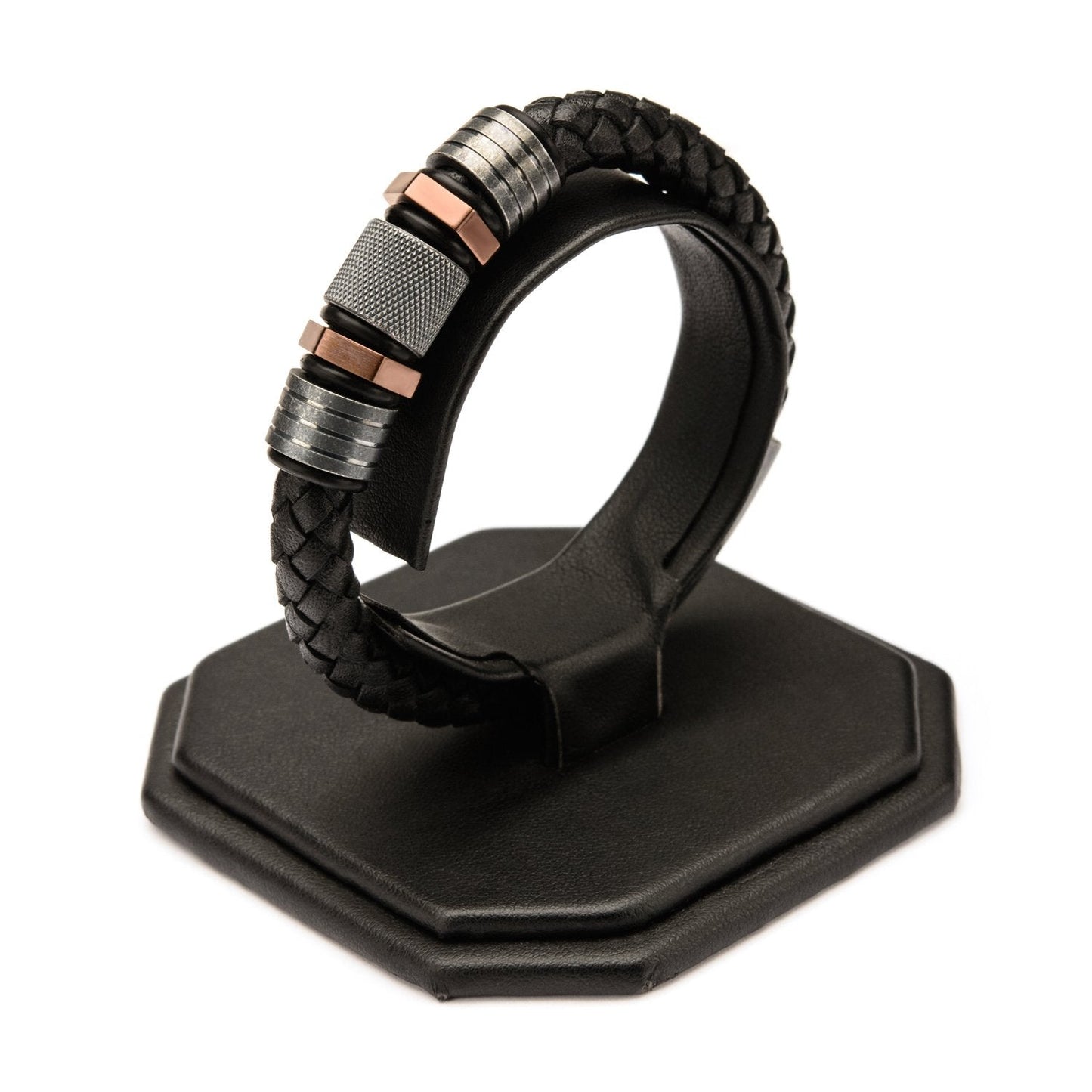 Mens Black Braided Leather Rose Gold IP & Steel Beads Bracelet
