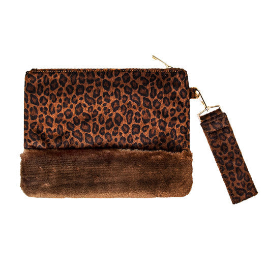 Vegan Leopard Faux Fur Trim Clutch Wristlet Bag