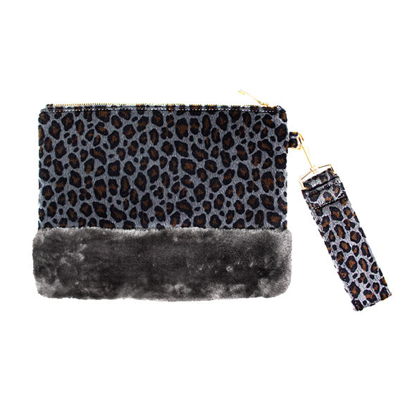 Vegan Leopard Faux Fur Trim Clutch Wristlet Bag