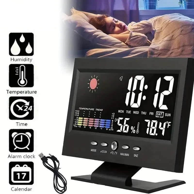 Vibrant Digital Weather Alarm Clock with Voice Control