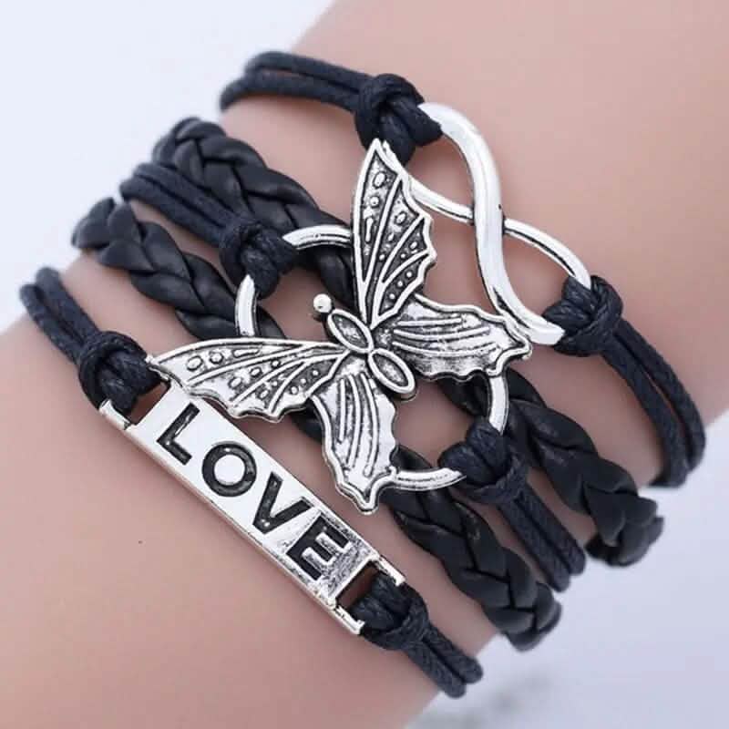 Bracelet en cuir multicouche fait main vintage avec lettre "Love" et papillon