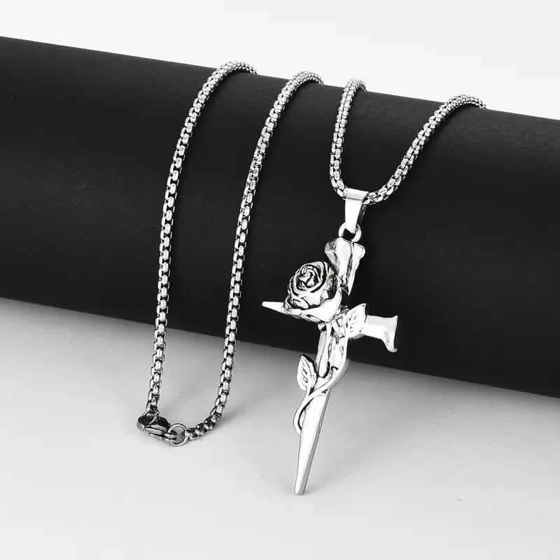 Vintage-Inspired Men's Titanium Steel Pendant Necklace - Unique Keel Chain Design with Cross and Rose Accents