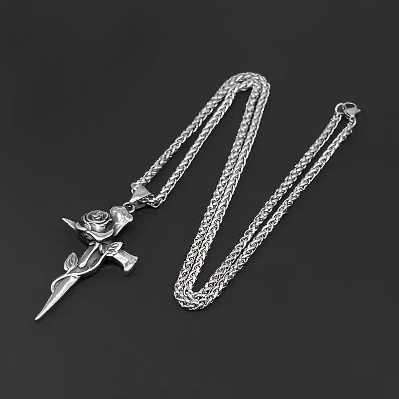 Vintage-Inspired Men's Titanium Steel Pendant Necklace - Unique Keel Chain Design with Cross and Rose Accents