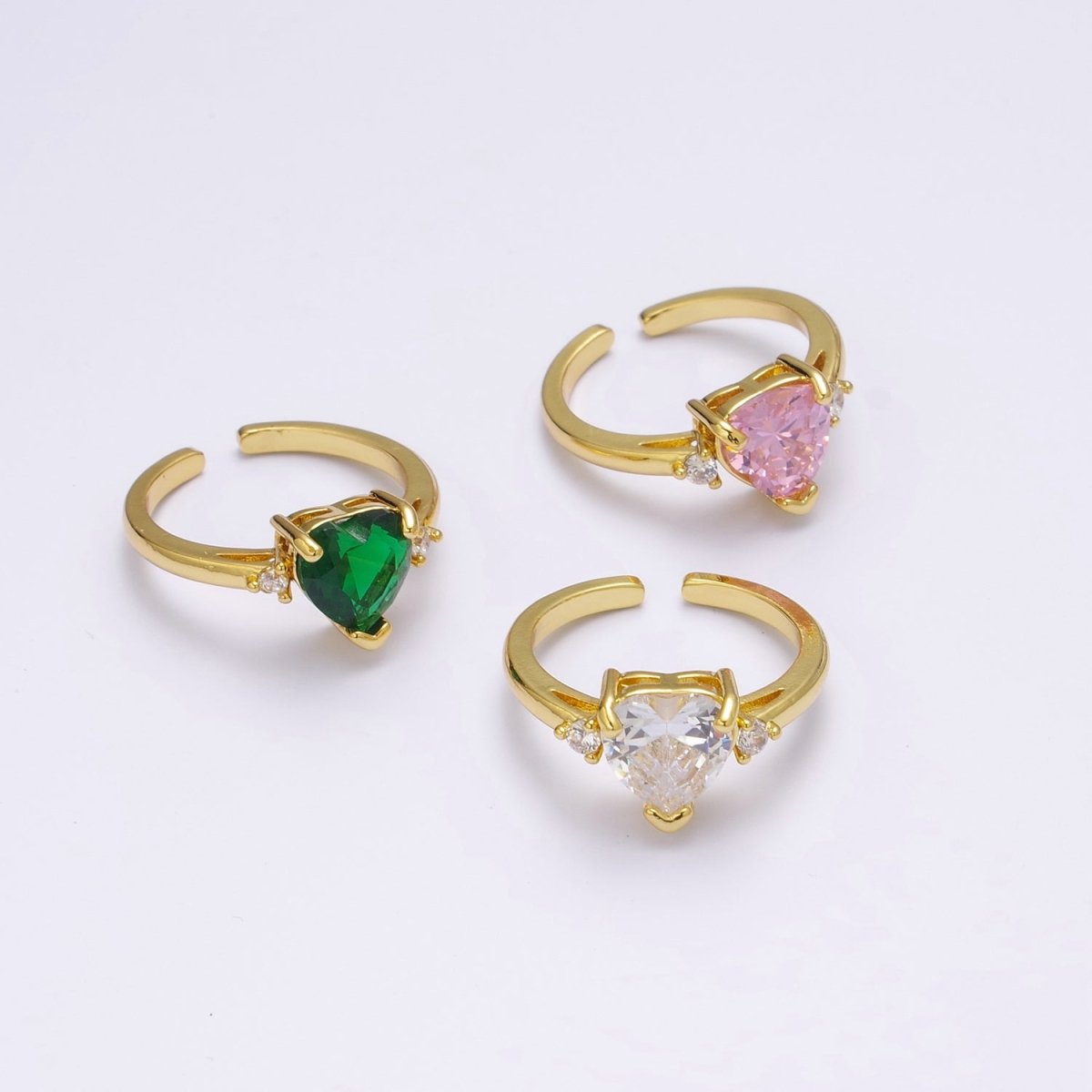 Vintage solitaire Green, Clear, Pink wedding ring heart cut Cubic Zirconia Yellow gold Open Adjustable Ring S-250 ~ S-252