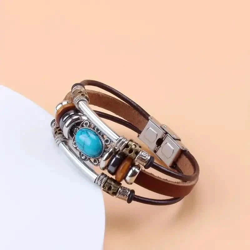 Bracelet en cuir synthétique perlé turquoise vert de style vintage avec boucle en acier inoxydable